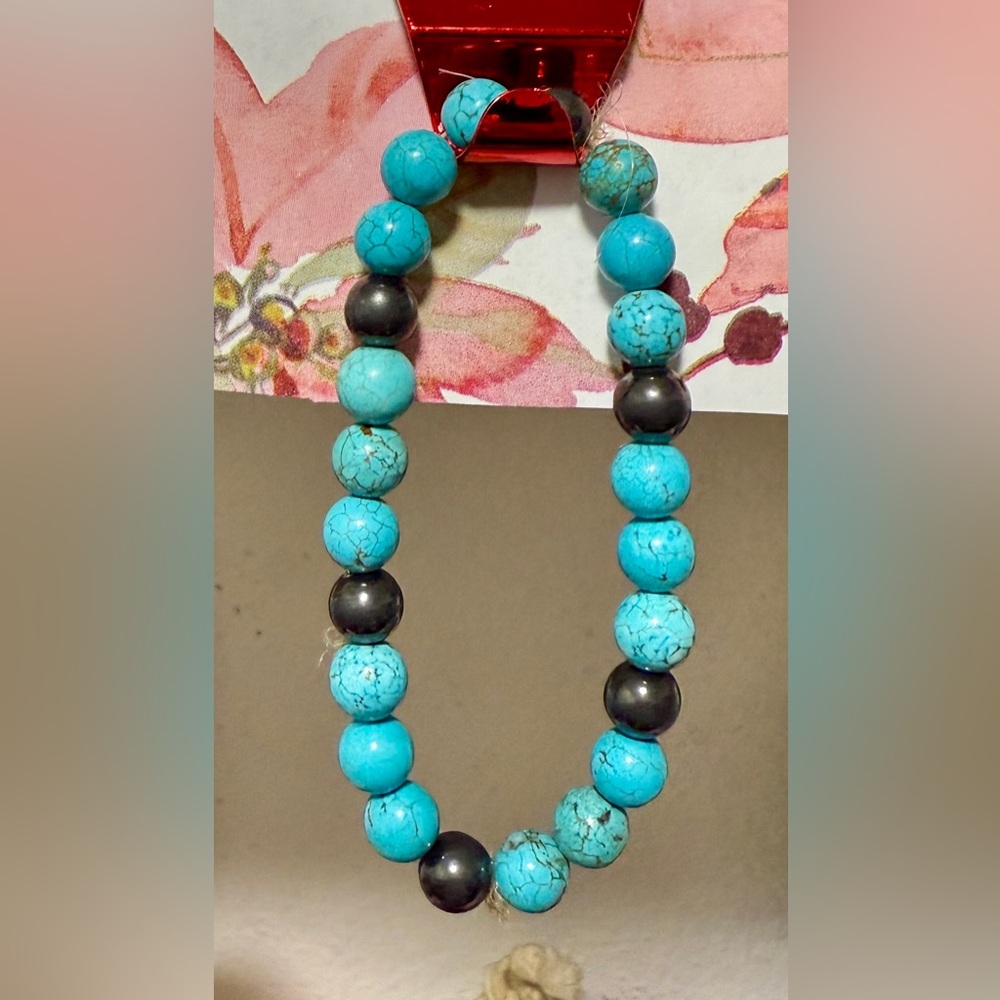 Turquoise and hemitite Beaded Bracelet stretch size 8